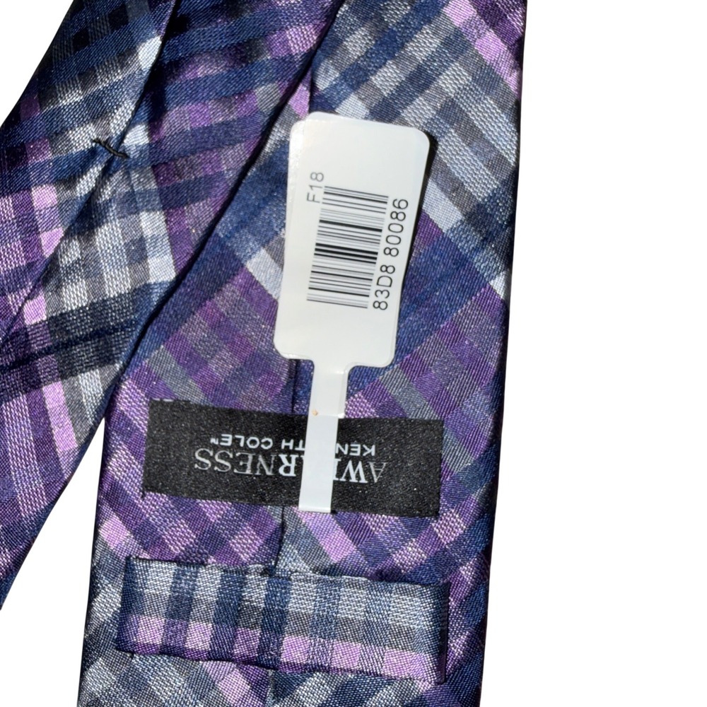 Kenneth Cole Necktie OS Purple Plaid 100% Silk‎ Checkered Formal Mens NWT - Picture 3 of 3
